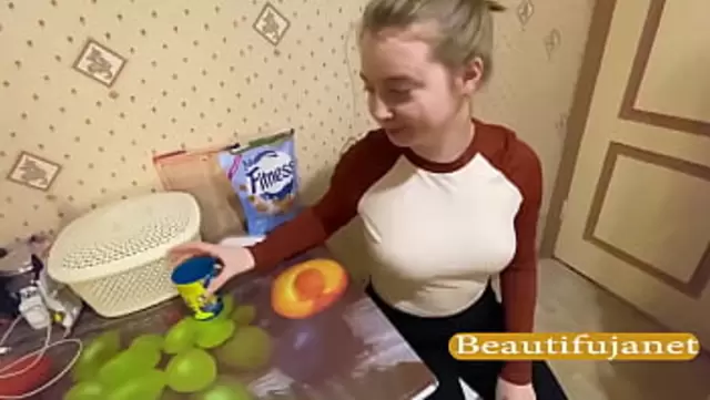 Russian babe gets oral sex from friend in kitchen